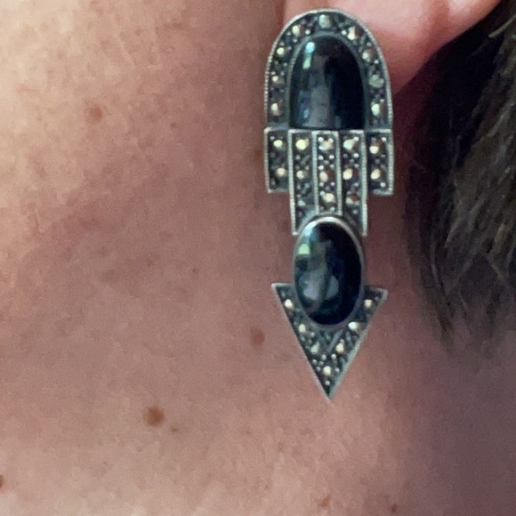 VTG Art Deco onyx and marcasite sterling articulated earrings pierced 2” - Picture 11 of 11
